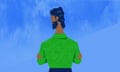 An illustration of a bearded man in a green jumper, seen from behind, against a blue background