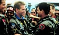 Val Kilmer, centre left, as Tom Cruise’s rival, Lt Tom ‘Iceman’ Kazansky, in Top Gun, 1986. He reprised the role in the 2022 sequel, Top Gun: Maverick.