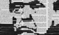 Illustration of Donald Trump made up of black lines on a page of text to look like redacted words in an article