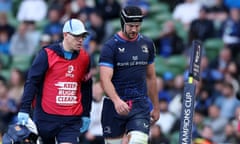 Caelan Doris (right) leaves the field due to injury during Leinster’s Champions Cup semi-final defeat by Northampton on Saturday.