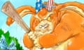 A huge orange Easter Bunny wearing a Maga hat and wielding a baseball bat smashing a wicker basket full of Easter eggs labelled ‘Free Trade’. At the feet of the bunny are two Easter chicks, one with an envelope marked ‘State visit’ and the other with a Fabergé egg labelled ‘Ukraine mineral rights’.