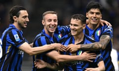 Kristjan Asllani of Inter celebrates with teammates after scoring a penalty