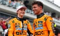 Lando Norris meets with McLaren teammate Oscar Piastri after the pair came first and second in the Miami sprint race respectively