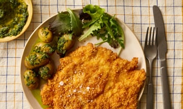 Rukmini Iyer's crispy chicken with zhoug and jersey royals.