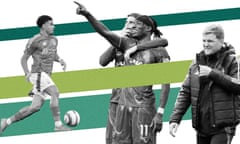 Composite image with Nottingham Forest’s Morgan Gibbs-White in action on the left, Chelsea’s Noni Madueke and Cole Palmer in the center, and Newcastle’s Eddie Howe on the right.