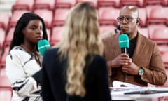 Eni Aluko and Ian Wright are seen pitchside for ITV Sport at a Women’s World Cup qualifier in 2023