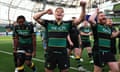 Northampton Saints players celebrate following victory in their Champions Cup semi-final match against Leinster.
