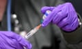 close up of a pair of gloved hands preparing a syringe