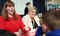 Deputy prime minister Angela Rayner, left, and Karen Shore, Labour candidate in the Runcorn and Helsby byelection, visit a local primary school on 22 April 2025.