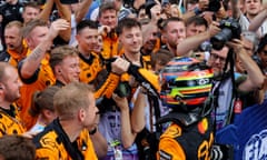 McLaren's Oscar Piastri celebrates after winning.