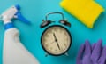 A clock and cleaning products on a blue background