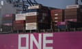 Containers are stacked on the deck of cargo ship One Manhattan in New Jersey.