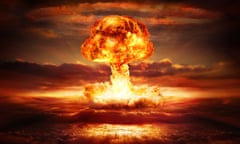 Explosion nuclear bomb in ocean testing of atomic bomb over ocean with mushroom clouds - red destroy