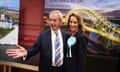 Reform UK leader Nigel Farage celebrates with the party’s candidate Sarah Pochin after winning the Runcorn and Helsby byelection.
