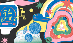 An illustration depicting meditation, budgeting, therapy and running.